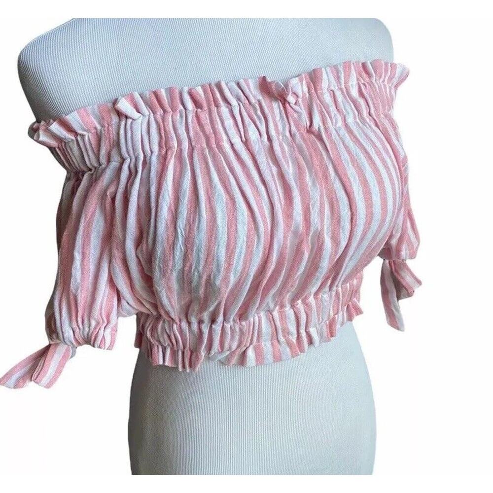Favlux Striped Off Shoulder Crop Top Red White Women M Bow Puff Sleeve Peasant